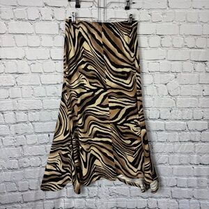 Kaktus Tiger Print Brown Black Tan Midi Maxi Skirt Asymmetrical Fairy Hem Sz Med